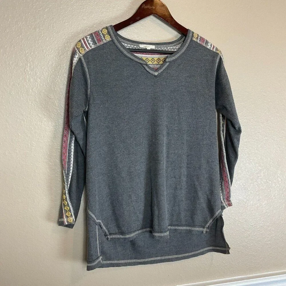 Mystree Top Women S Gray Waffle Knit Tee Shirt Long Sleeve Scoop Neck Thermal E3